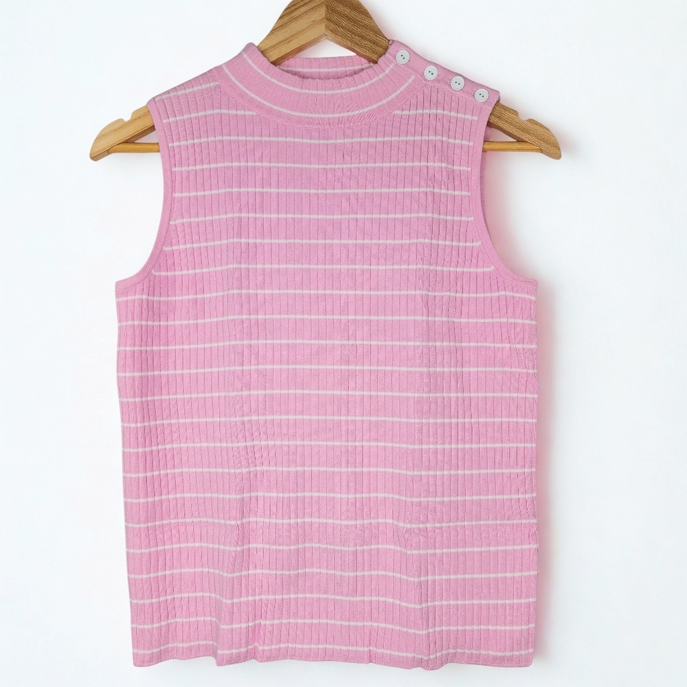 Talbots| SLEEVELESS MOCKNECK SWEATER - PINK AND WHITE STRIPE| Petite| Size MP| W